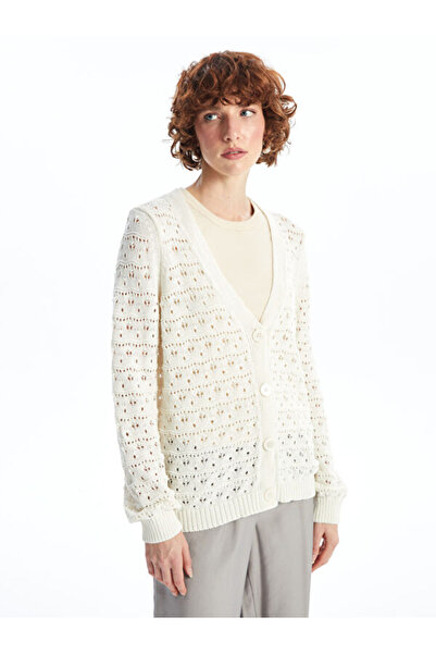 LC Waikiki V-Neck Openwork Long Sleeve Women's Knitwear Cardigan