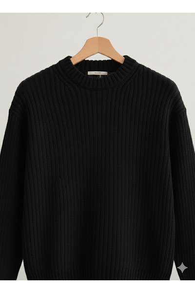 A&O Style Men's Black Oversized Crew Neck Corded Fabric Long Sleeve Knitwear Sweater