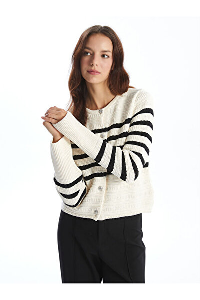 LC Waikiki Crew Neck Striped Women's Knitwear Cardigan