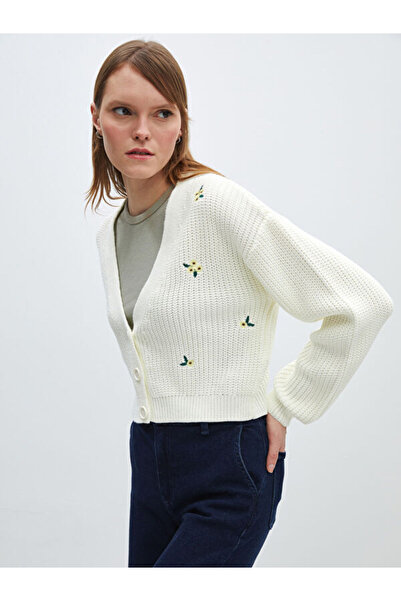 LC Waikiki V-Neck Embroidered Long Sleeve Women's Knitwear Cardigan