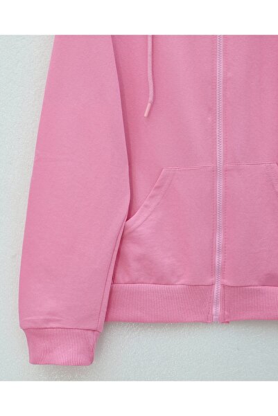 Modamorfo Hooded Zippered Pocket Combed Cotton Sweatshirt -Pink
