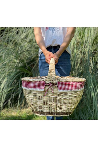 Beyaz Atölyem Kapaklı İçi Fisto Örtülü Hasır Xxl Büyük Boy Piknik Sepeti
