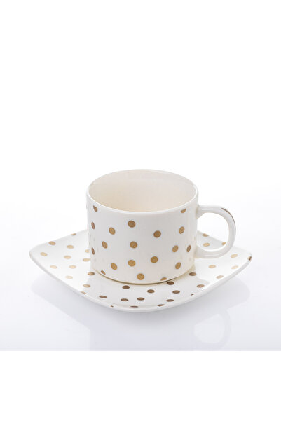 Malooki Set of 6 Porcelain Coffee Cups 150 ml with Square Saucer – Gold Polka Dots