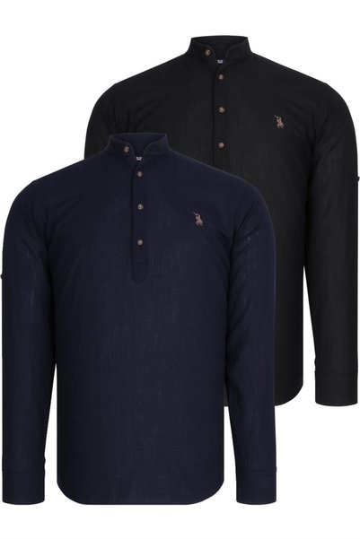 Dewberry Men's Hakim Collar Cotton Shirt Set of 2 Navy Blue-Black G783