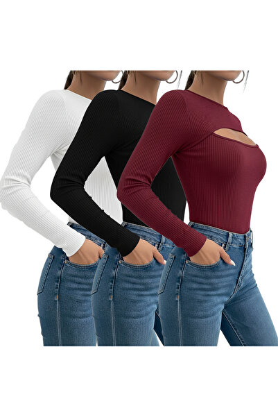 SWALORA Women's Low-Cut Long Sleeve Crop Blouse 3-Piece Set