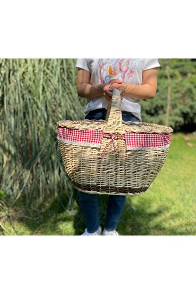 Beyaz Atölyem Kapaklı İçi Fisto Örtülü Hasır Xxl Büyük Boy Piknik Sepeti