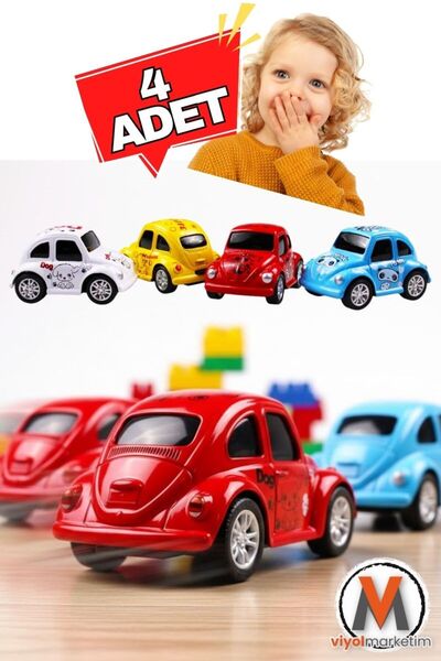 viyolmarketim 4’lü Metal Çek Bırak Mini Vosvos Oyuncak Araba Seti – Renkli, Dayanıklı, 3+ Yaş