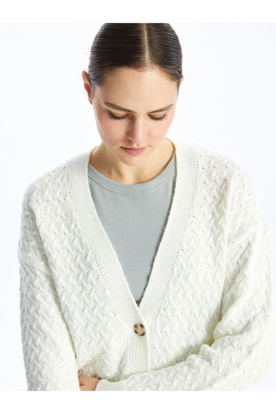 LC Waikiki V-Neck Self Patterned Long Sleeve Women's Knitwear Cardigan