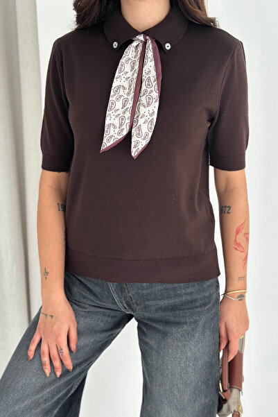 Noa Noa Women's Polo Neck Buttoned Scarf Detail Knit Sweater – Retro Accent