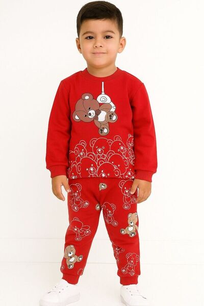 Hümazade Red Teddy Bear 4-5-6 Years Old Children's Top and Bottom Set Pajama Set