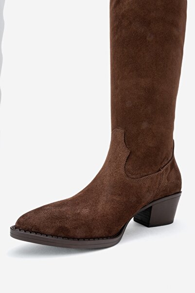 LuviShoes Ri̇os Brown Genuine Leather Suede Tasseled Women's Thick Heeled Boots