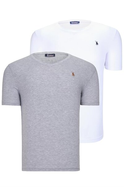 Dewberry Set of Two T8568 V-Neck Men's T-Shirts-White-Grey
