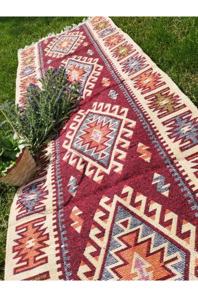 OEM Traditional woven double-sided rug 80x200 cm red and cream, ROMB pattern