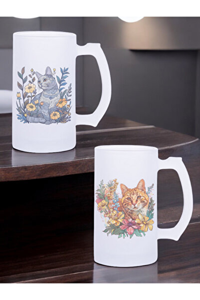 lili hediyelik Flower Cat Theme 2-Piece Frosted Beer Glasses - Assorted Beer Glasses, Beer Glass Frosted