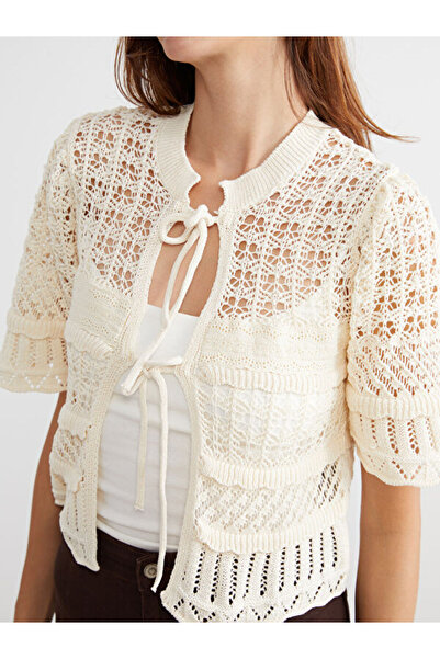 LC Waikiki Tie-Up Collar Openwork Women's Knitwear Cardigan