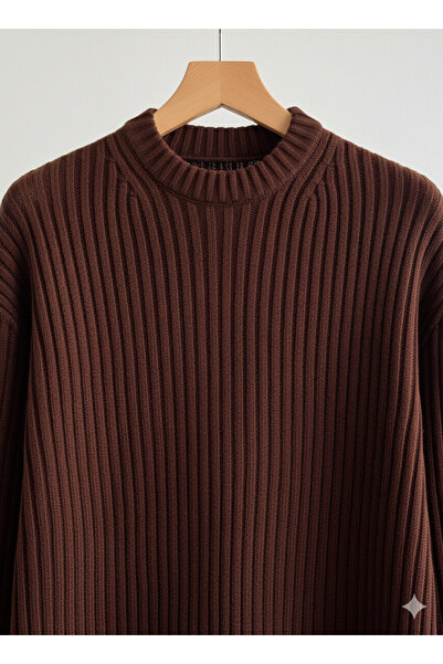 A&O Style Men's Brown Oversized Crew Neck Corded Fabric Long Sleeve Knitwear Sweater