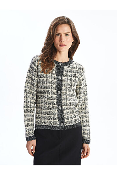 LC Waikiki Crew Neck Plaid Women's Knitwear Cardigan