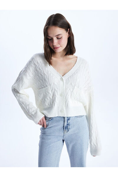 LC Waikiki V-Neck Self Patterned Long Sleeve Women's Knitwear Cardigan