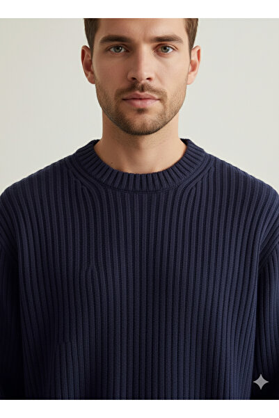 A&O Style Men's Navy Blue Oversized Crew Neck Corded Fabric Long Sleeve Knitwear Sweater