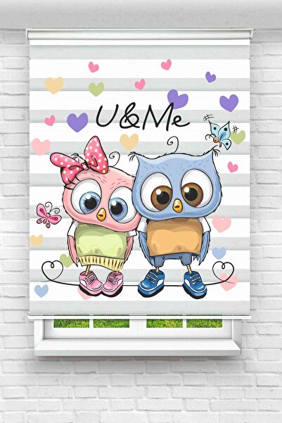 Yznhome Kalpli Arka Plan Üzerinde Sevimli Baykuş Çifti Desenli Zebra Perde - ...