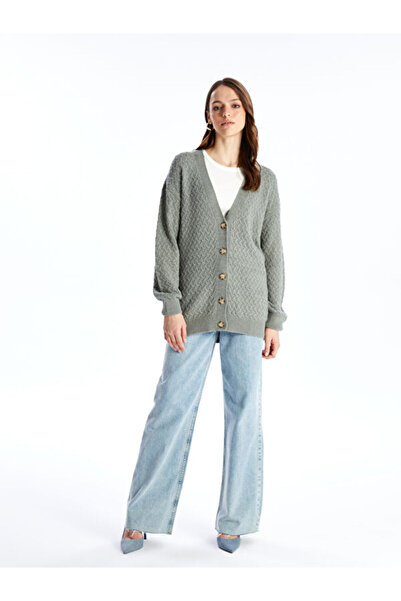 LC Waikiki V-Neck Self Patterned Long Sleeve Women's Knitwear Cardigan