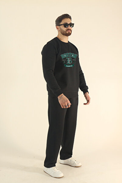 EydaMoon Men's Boston Printed Tracksuit Set Sweatshirt Baggy - Regular Winter Crew Neck