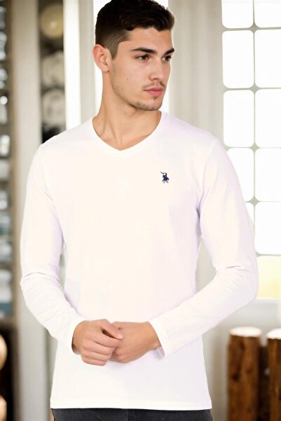 Dewberry T9587 V-Neck Men's Long Sleeve T-Shirt-White