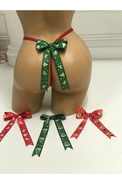 NSMLİFE New Year, Christmas, Women's Red Velvet Thong String Model with Ribbon Detail on the Back