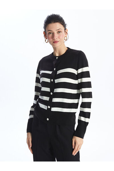 LC Waikiki Crew Neck Striped Women's Knitwear Cardigan