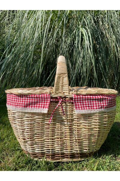 Beyaz Atölyem Kapaklı İçi Fisto Örtülü Hasır Xxl Büyük Boy Piknik Sepeti
