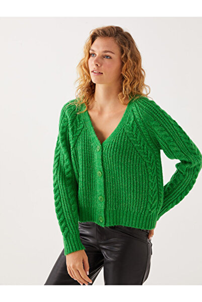 LC Waikiki V-Neck Self Patterned Long Sleeve Women's Knitwear Cardigan