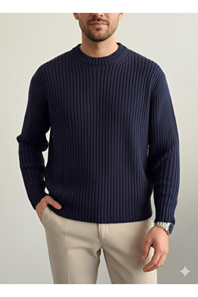 A&O Style Men's Navy Blue Oversized Crew Neck Corded Fabric Long Sleeve Knitwear Sweater
