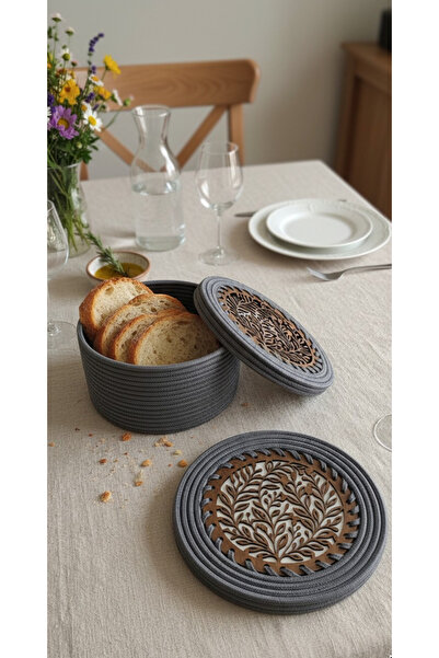 Comfort Craft 4-Piece Wooden Detailed Jute Placemat Set and Bread Basket Anthracite / Stylish Special Design / Comfort Table Mat