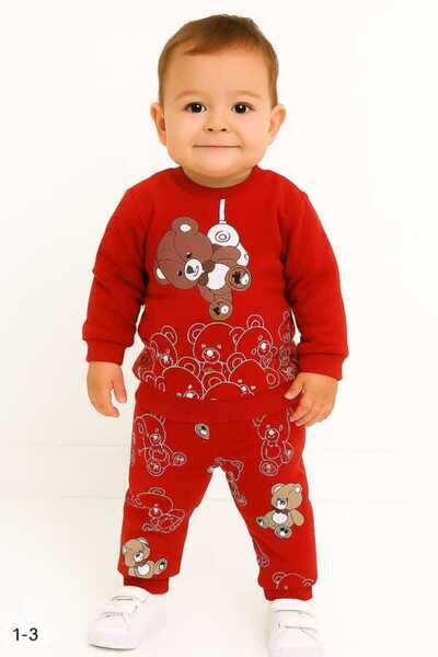 Hümazade Red Teddy Bear 1-2-3 Years Old Children's Top and Bottom Set Pajama Set