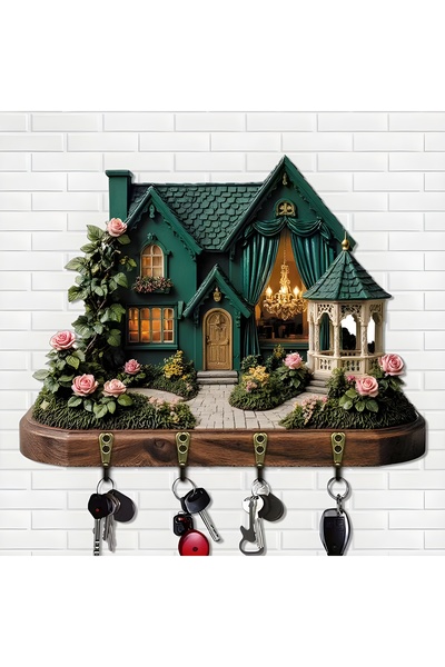 TuraLazerKesim 2D Düz, Çok Amaçlı Ahşap Anahtarlık, Dört Metal Kancalı, Duvar...