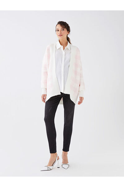 LC Waikiki Shawl Collar Plaid Long Sleeve Oversize Maternity Knitwear Cardigan