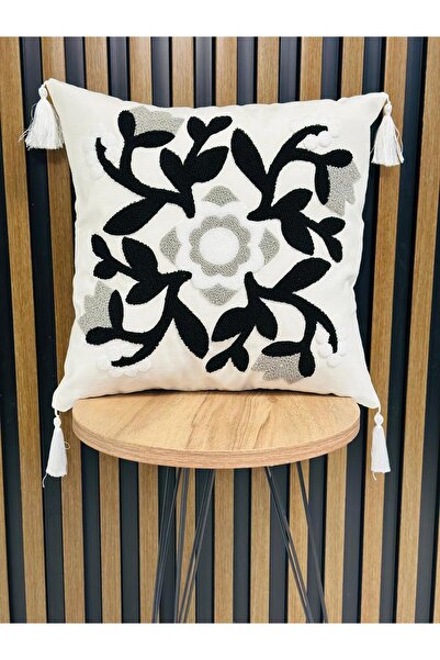 AYS DEKOR (قطعتان) غطاء وسادة مطرز ومزين بشراشيب، طقم من قطعتين، مقاس 43×43 سم