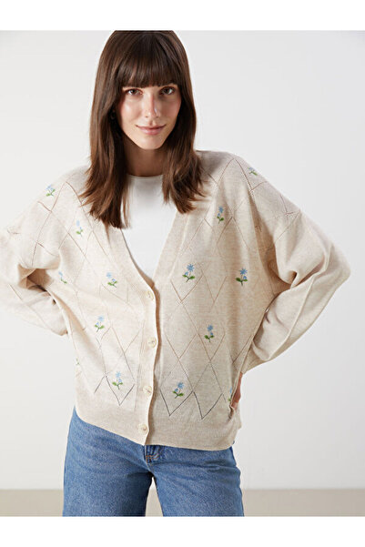 LC Waikiki V-Neck Embroidered Women's Knitwear Cardigan