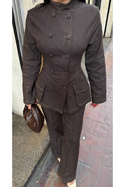 Julidress Coffee Button Detailed Blazer Jacket and Pants Bottom Top Premium Denim Suit
