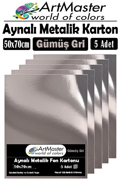 Artmaster Gümüş Gri Renkli 50x70 Metalik Aynalı Fon Kartonu 5 Adet 1 Paket Me...