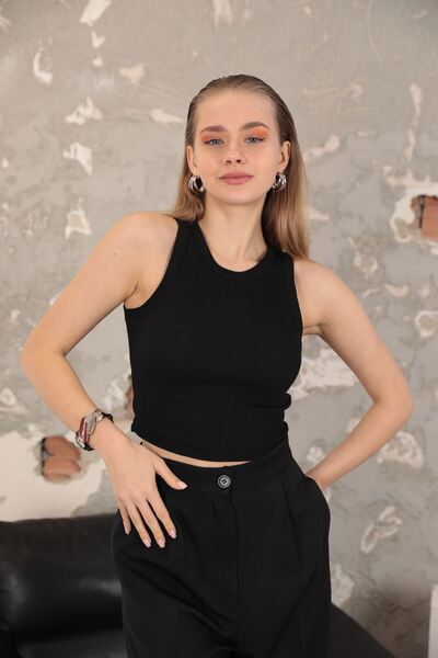 Moda1001 Cactus Camisole Fabric Crew Neck Women's Crop Tank Top - Black-Black - Standard