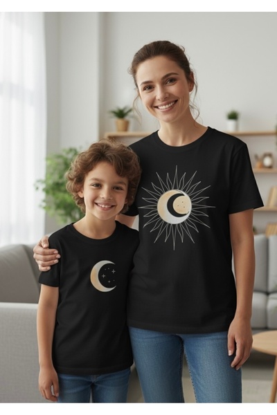 Tiny and Co تي شيرت GÜNEŞ,AY مطبوع ANNE,,CHILD مكون من قطعتين