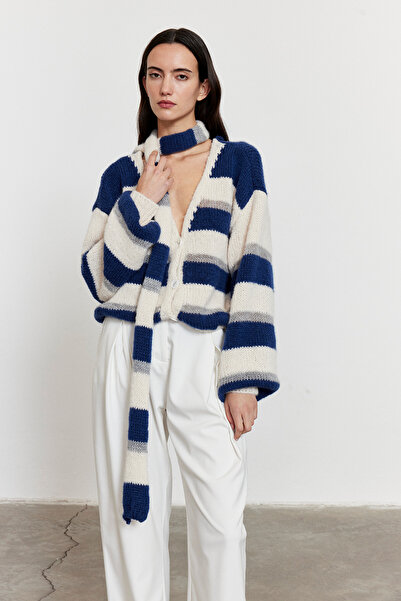 FACETTE Detaliu șal cu dungi supradimensionat Cardigan Albastru