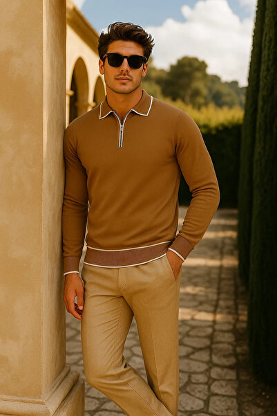 comstar Men's Casual Zippered Camel Long Sleeve Polo Neck Knitwear