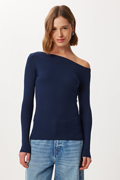 Lovelyİstanbul Open Shoulder Gathered Knitted Blouse Lub0269 Dark Blue