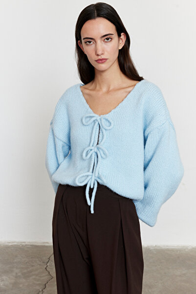FACETTE Cardigan cu mâneci cu balon cu șireturi Albastru deschis