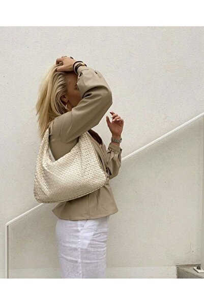 byliora Bej Örgü Model El Ve Omuz Çantası Botte Desen Orta Boy