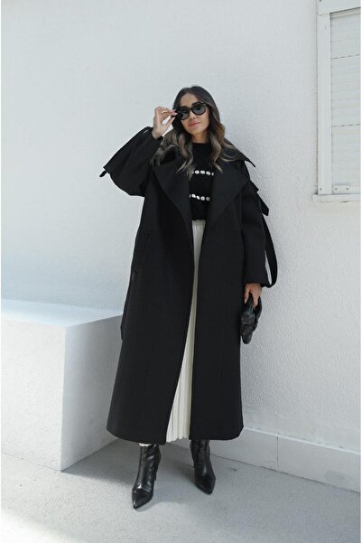 Julidress Black Belted Sleeve Detailed Oversized (Bol) Lined Premium Long Cashmere Coat