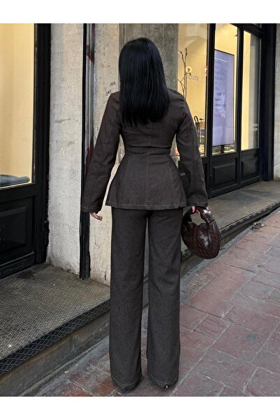 Julidress Coffee Button Detailed Blazer Jacket and Pants Bottom Top Premium Denim Suit