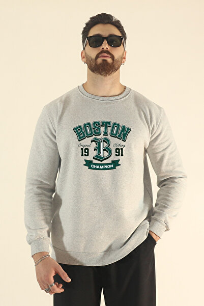 EydaMoon Men's Winter Boston Printed Regular Crew Neck Sweatshirt